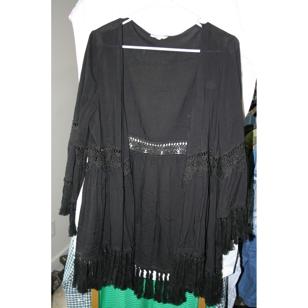 Black Crochet Lace Fringe Open Front Cardigan Boho Festival Kimono Top Womens